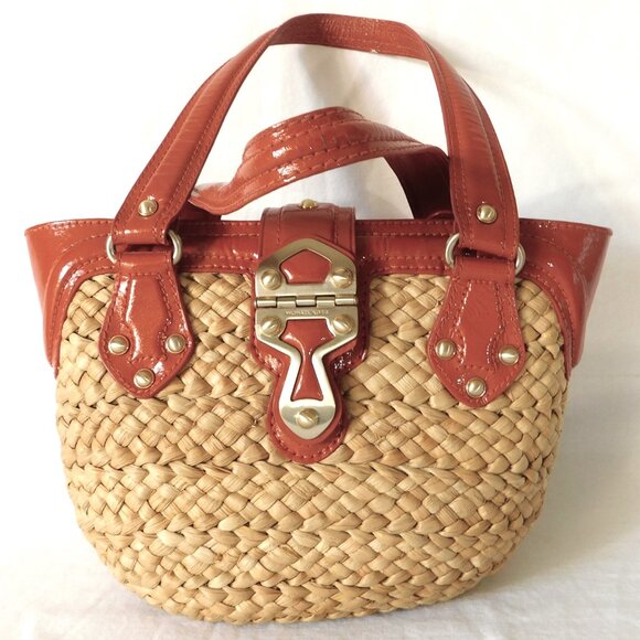 Medium Michael Kors Orange Patent Leather & Straw Tote Handbag Purse - Picture 2 of 13